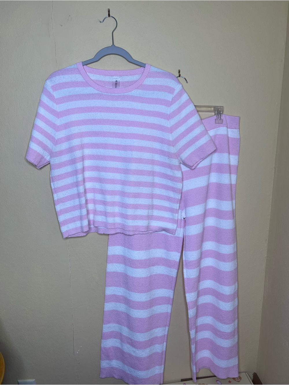 Women's Pink & White Striped Short Sleeve and wide leg pants lounge wear set